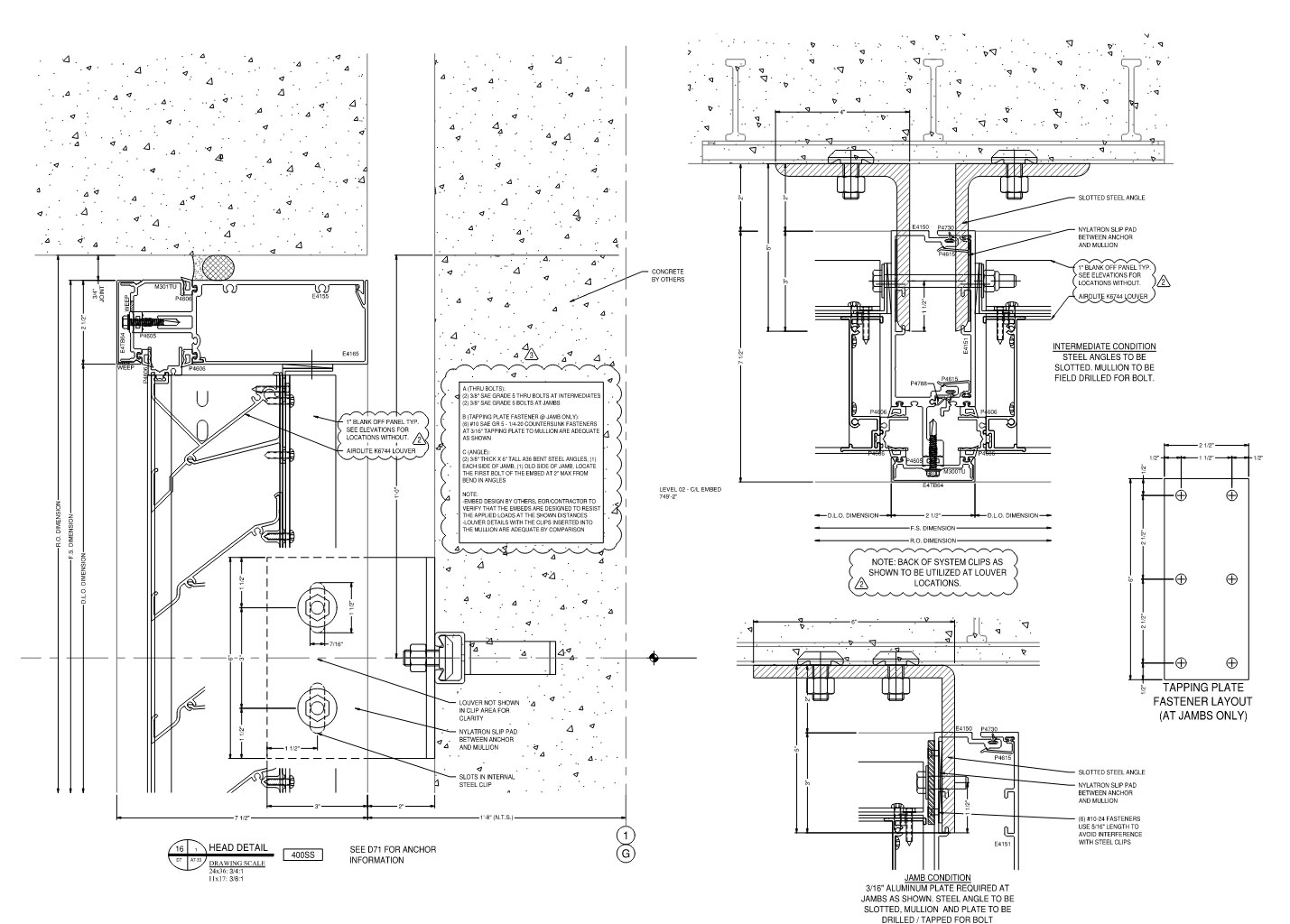 Sample drawing: entrance or storefront elevation, fastener detail, and revision example