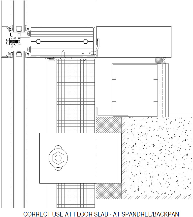 fire-safing-06 Correct fire safing detail at a curtain wall floor slab condition. The spandrel backpan provides a continuous surface for the safing insulation and smoke seal to form a tested perimeter fire barrier assembly.