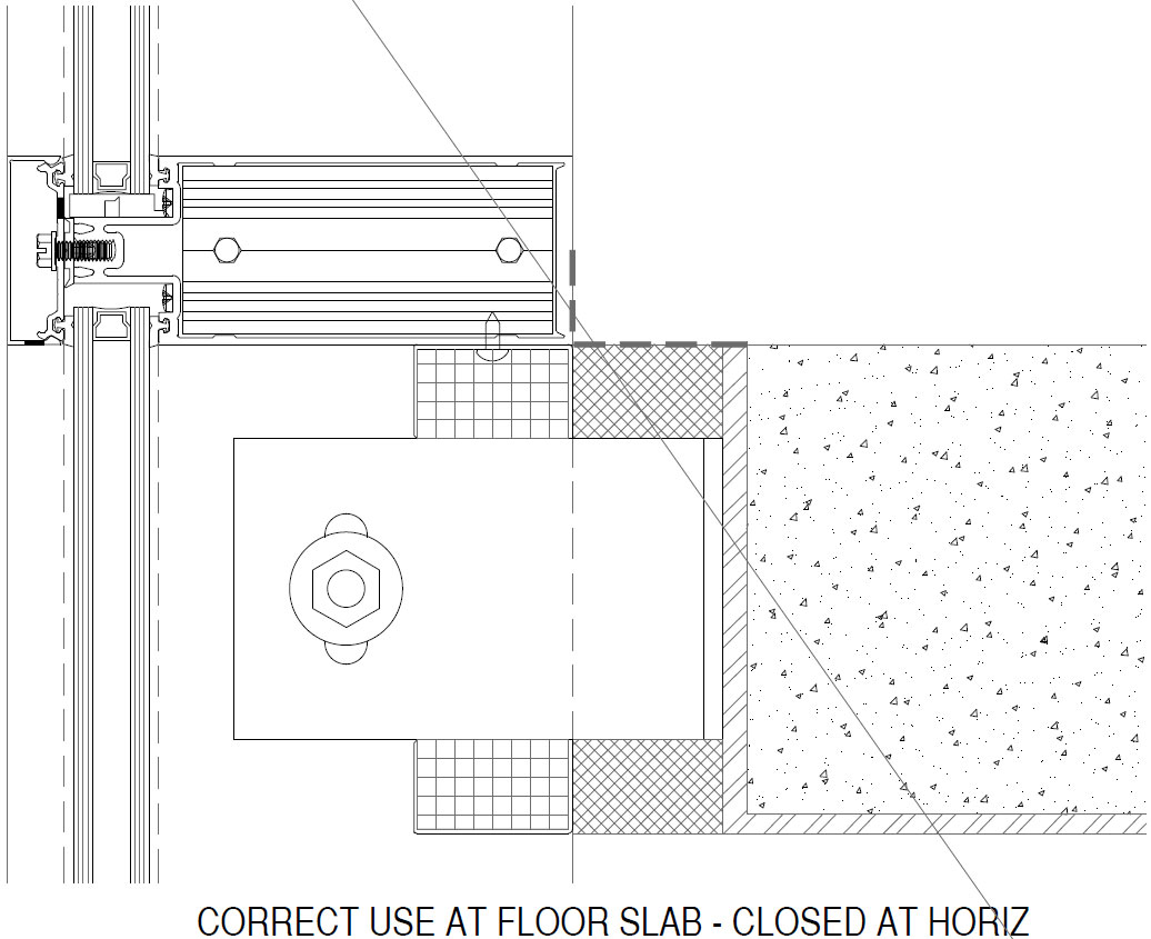 fire-safing-07 Fire safing at a curtain wall floor slab condition without a backpan. In this configuration, the nearby horizontal provides a surface for the smoke seal as part of the tested perimeter fire containment assembly.