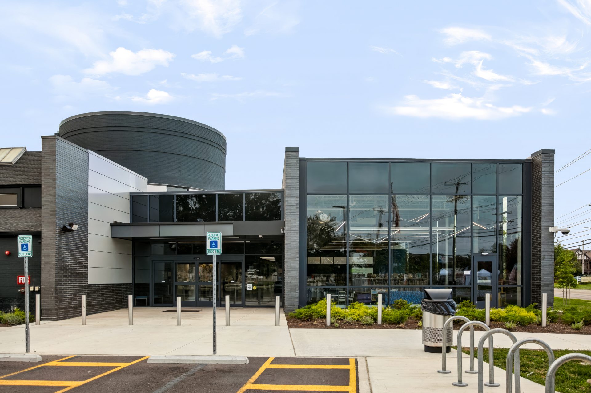 Columbus Metropolitan Library Barnett Branch entry with YKK curtain wall and storefront glazing in a Duranar charcoal finish, shop drawings by MP Drafting