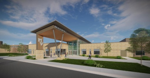 Architectural rendering of the completed Creek View High School entry with Tubelite curtain wall and storefront glazing