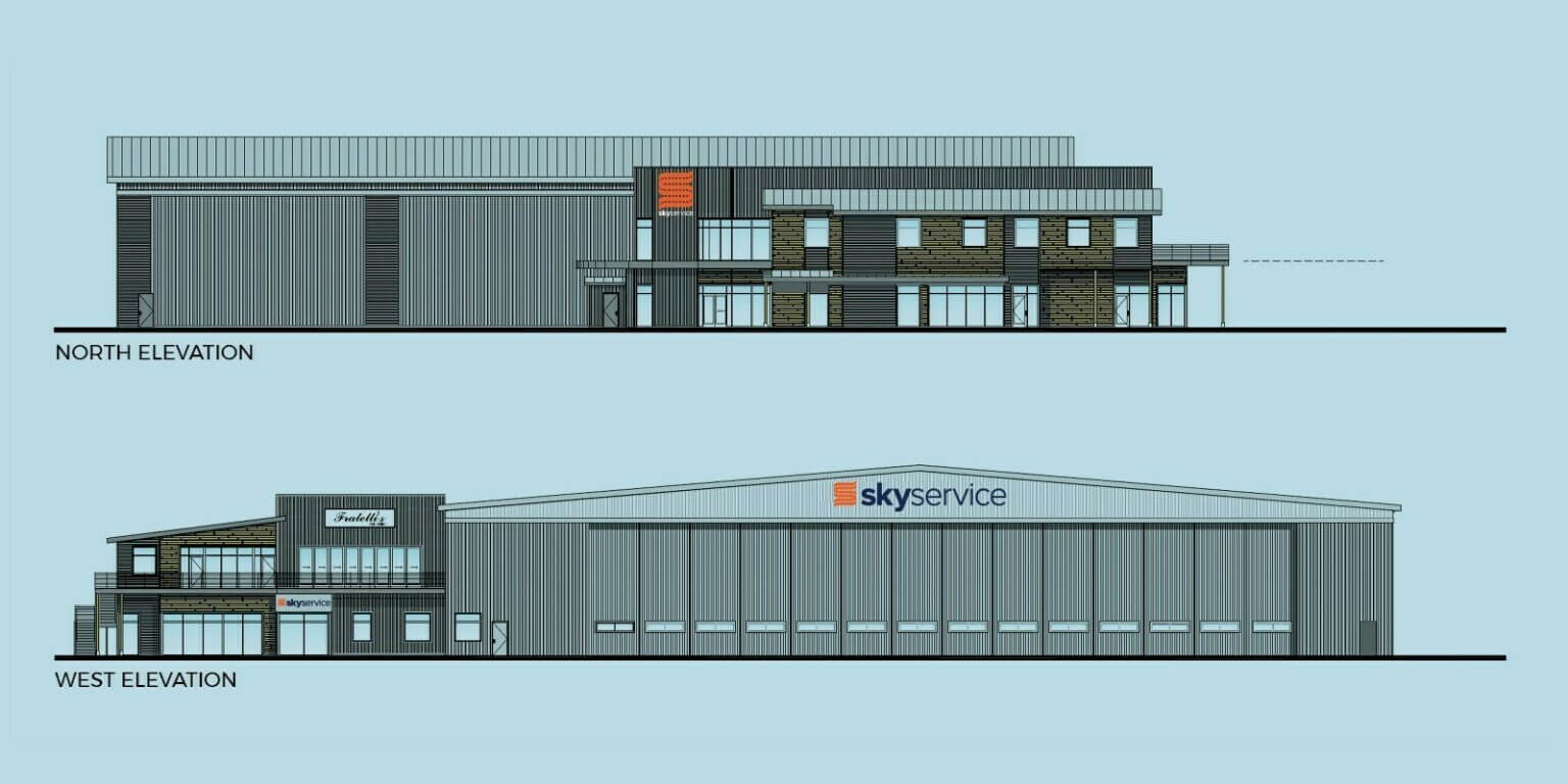 Skyservice Napa north and west elevations Richard and Richard north and west elevations of the Skyservice Napa FBO and hangar showing the AEP Span metal panel and composite cladding layout