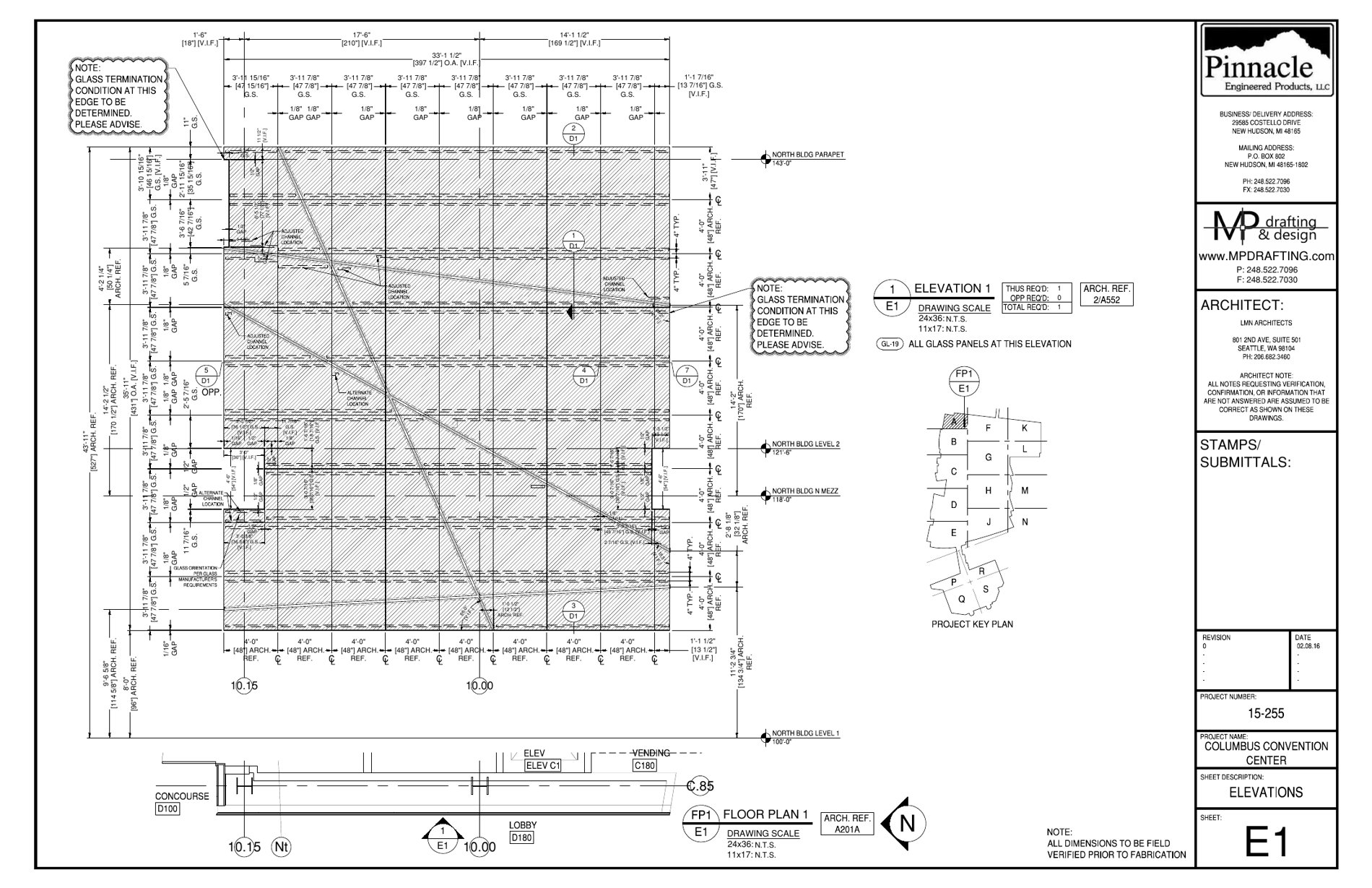 Node wall shop drawings, sheet E1 elevation MP Drafting shop drawing sheet E1, elevation of a back painted glass node wall at the Columbus Convention Center with the 4 foot panel module and LED channel locations