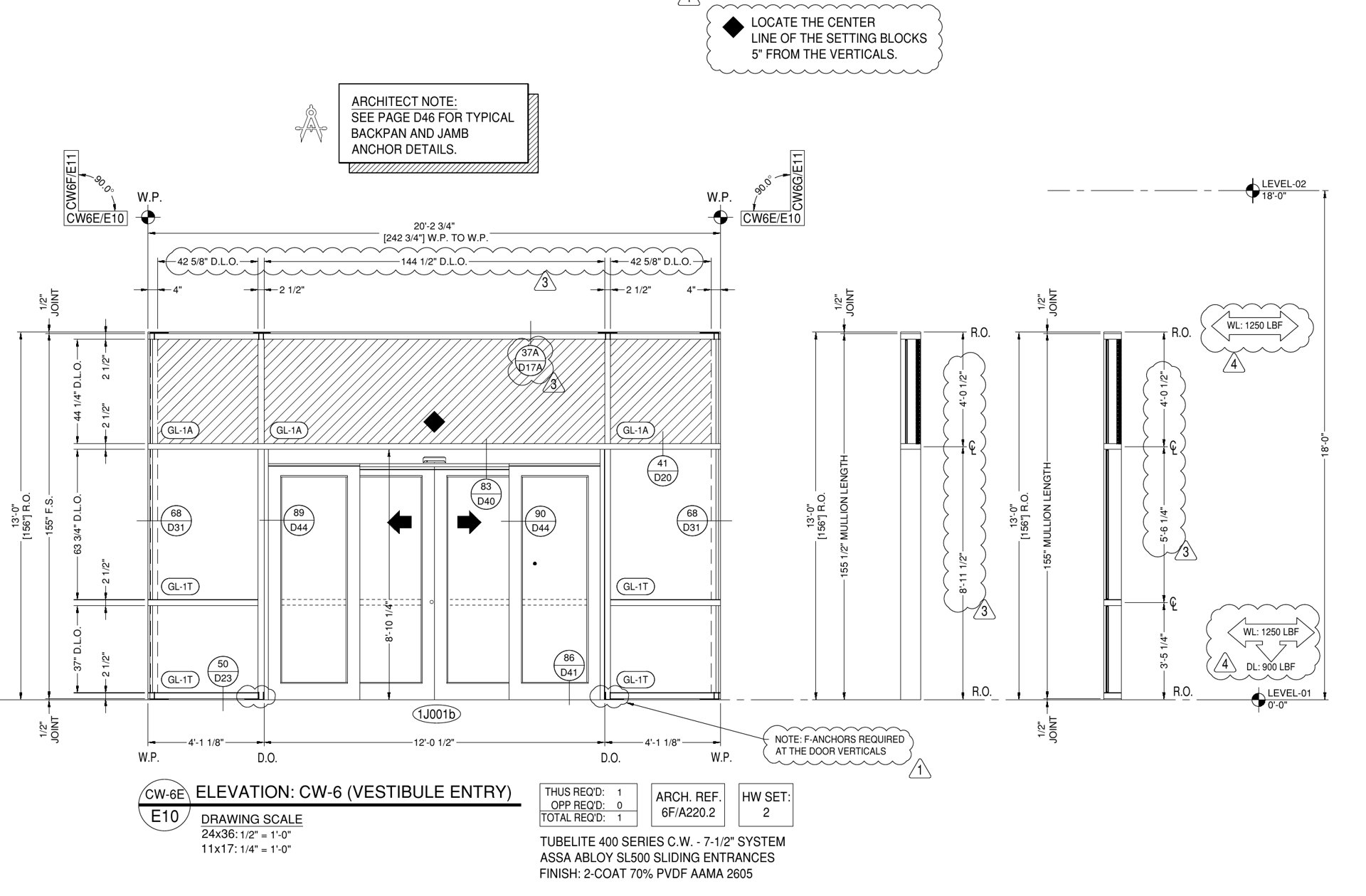 Sheet E10, elevation CW-6E: Assa Abloy SL500 sliding entrance in the vestibule MP Drafting sheet E10 for the Fredericksburg VA Health Care Center: elevation CW-6E, the vestibule entry with the outer Assa Abloy SL500 sliding entrance, door 1J001b