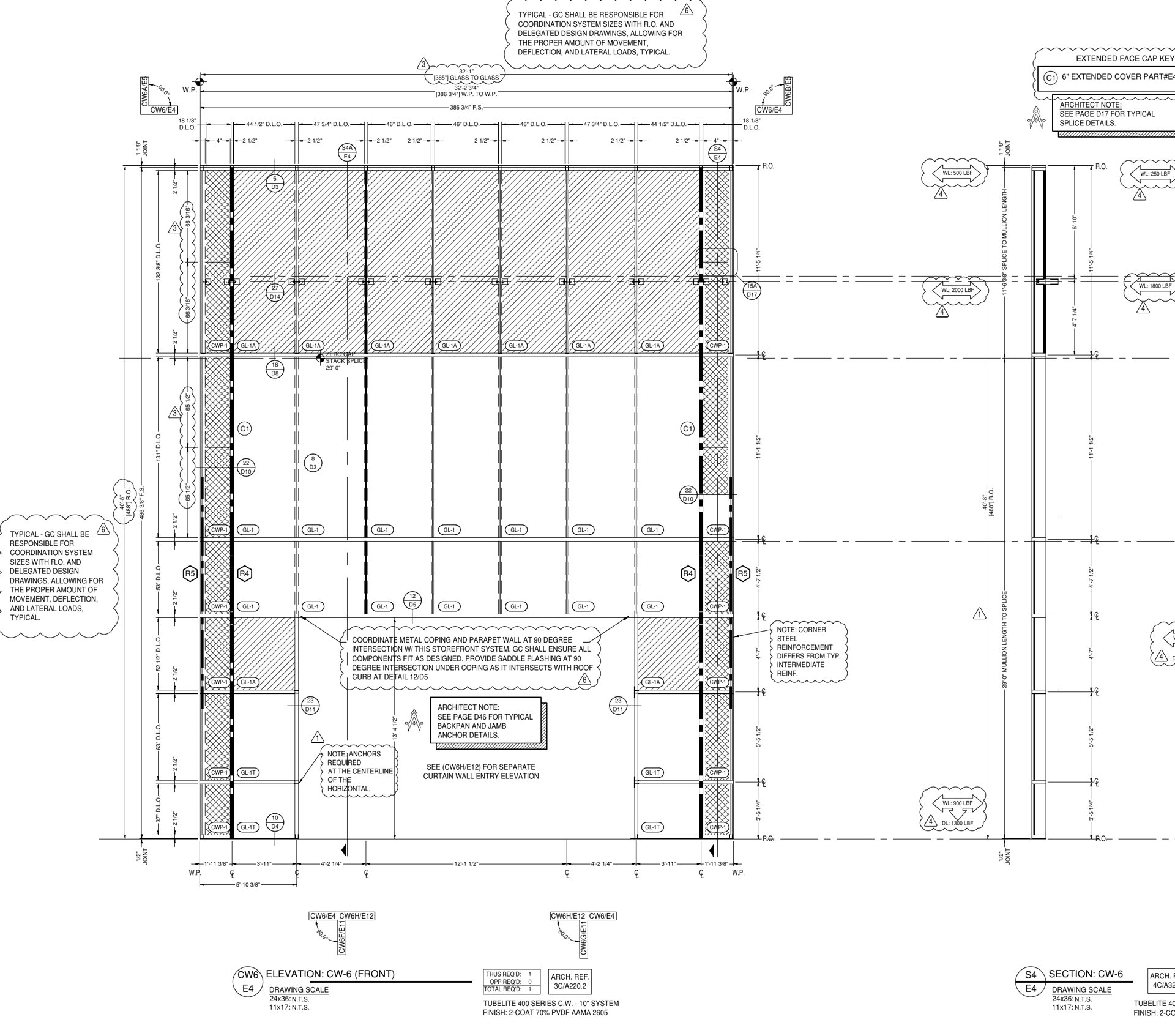 Sheet E4, elevation CW-6: Fredericksburg VA Health Care Center main entrance curtain wall MP Drafting sheet E4 for the Fredericksburg VA Health Care Center: elevation CW-6, the 32 foot front of the entrance curtain wall above the Assa Abloy SL500 vestibule
