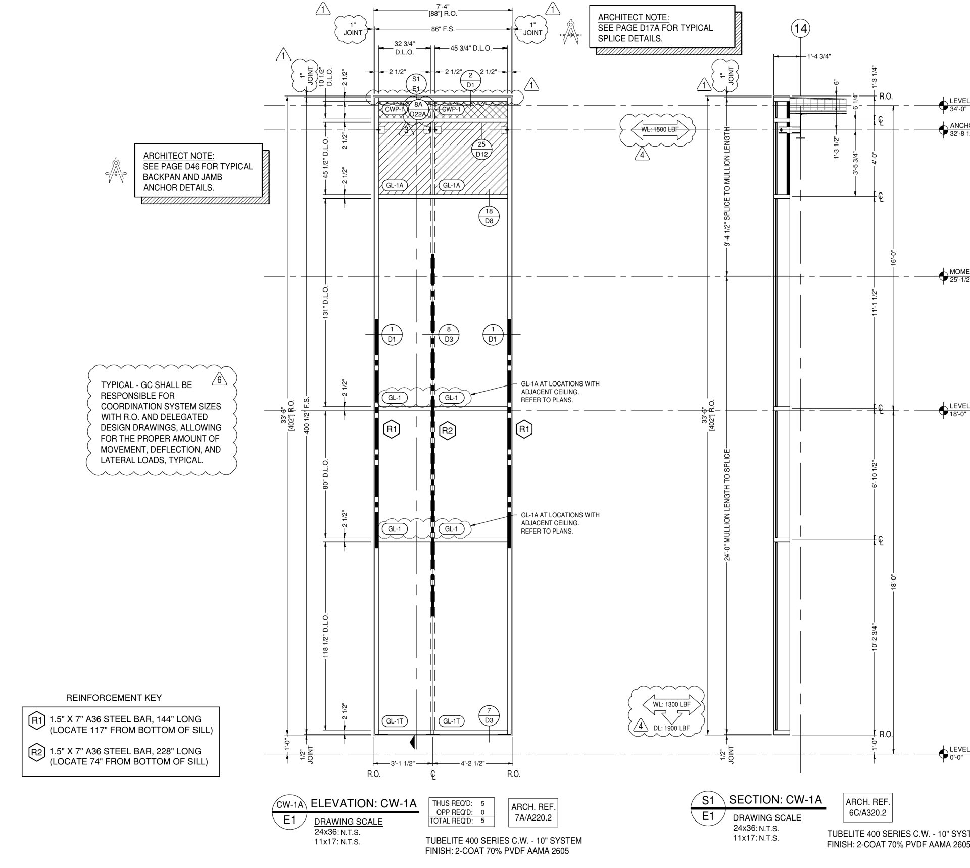 Sheet E1, elevation CW-1A: two-story Tubelite 400 Series mullion with steel reinforcement key MP Drafting sheet E1 for the Fredericksburg VA Health Care Center: elevation CW-1A, a 33 foot 8 inch Tubelite 400 Series mullion with the steel reinforcement key and anchor reactions, part of the Assa Abloy SL500 curtain wall package