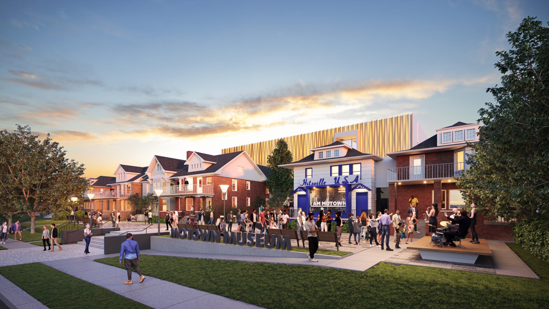 Motown Museum expansion behind Hitsville U.S.A. rendering Oldcastle Reliance curtain wall in black behind Hitsville U.S.A., Motown Museum expansion rendering