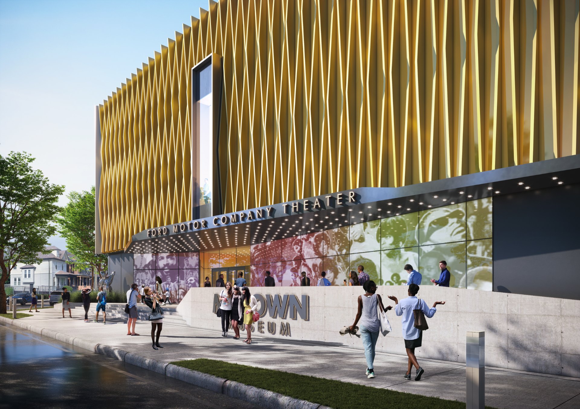 Motown Museum expansion rendering from West Grand Boulevard Motown Museum expansion rendering, Oldcastle Reliance curtain wall at the glazed ground floor under gold fins