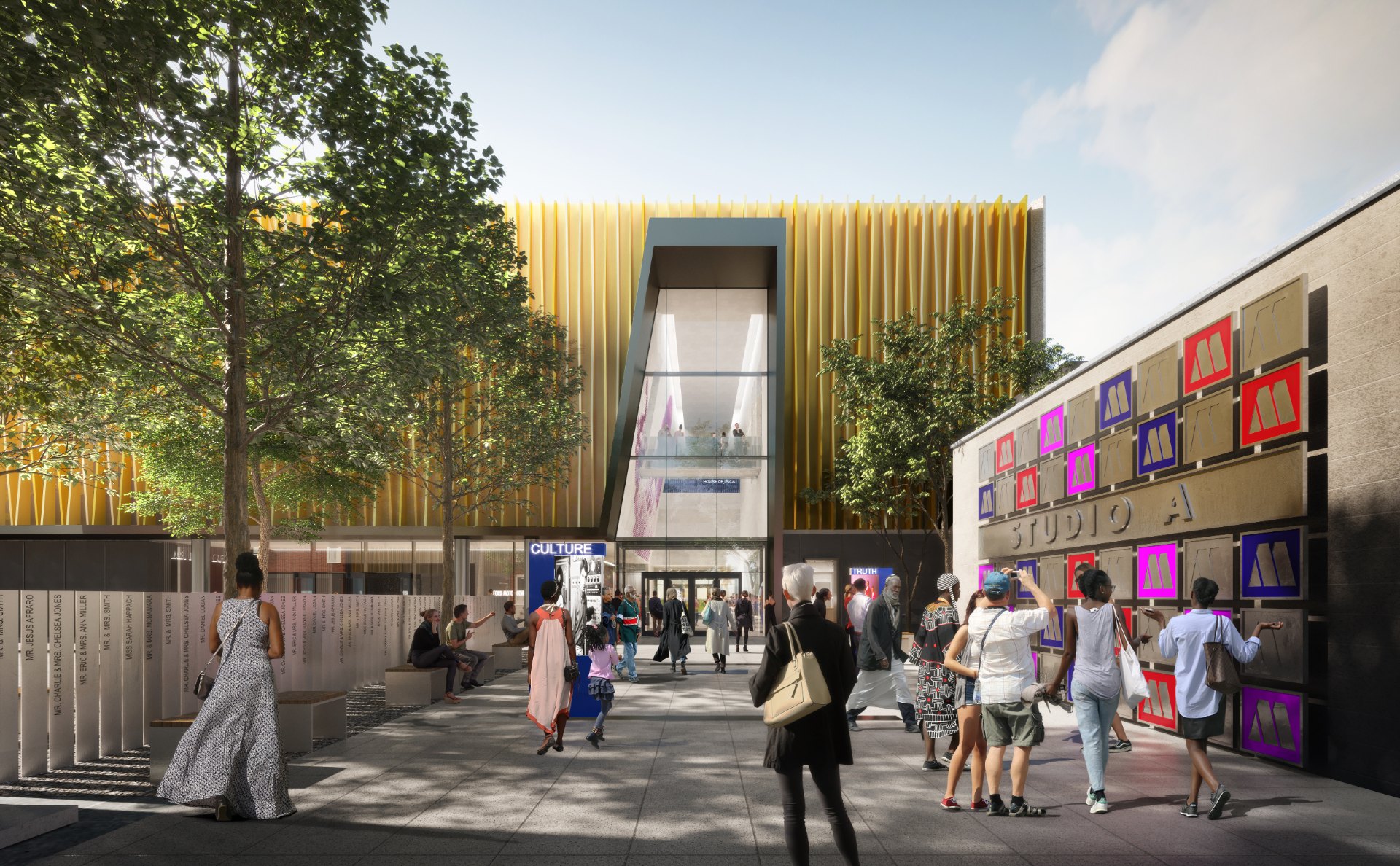 Motown Museum expansion plaza rendering Motown Museum expansion plaza rendering with glazed entry and gold fins