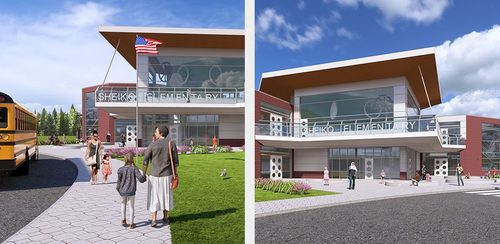 Sheiko Elementary entry rendering, TMP Architecture Rendering of the Sheiko Elementary School entry by TMP Architecture, glass entrance with Tubelite framing and Special-Lite doors package